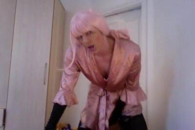 Jess Silk Riding Dildo In Pink Polka Dot Robe And Pink Satin Nightie With Pink Wig - shemalez.com