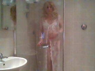 In the shower with soaking white lingerie - ashemaletube.com