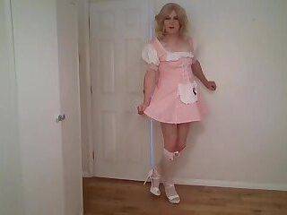 Pink - Pink sissy maid's outfit and no panties - ashemaletube.com